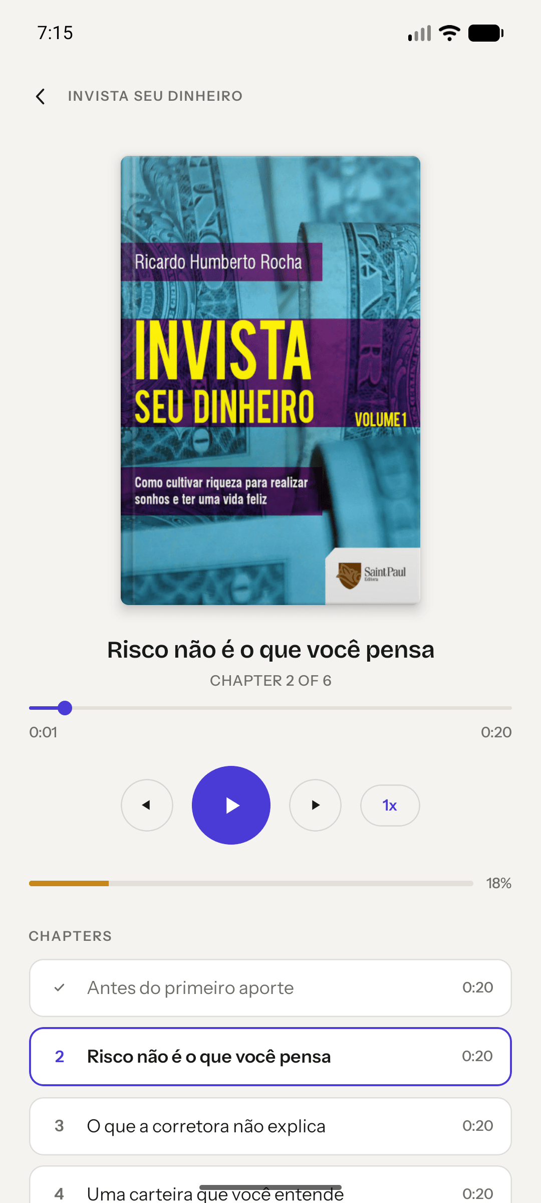 Detalle de un libro en NextFin, con autor, capítulos y progreso
