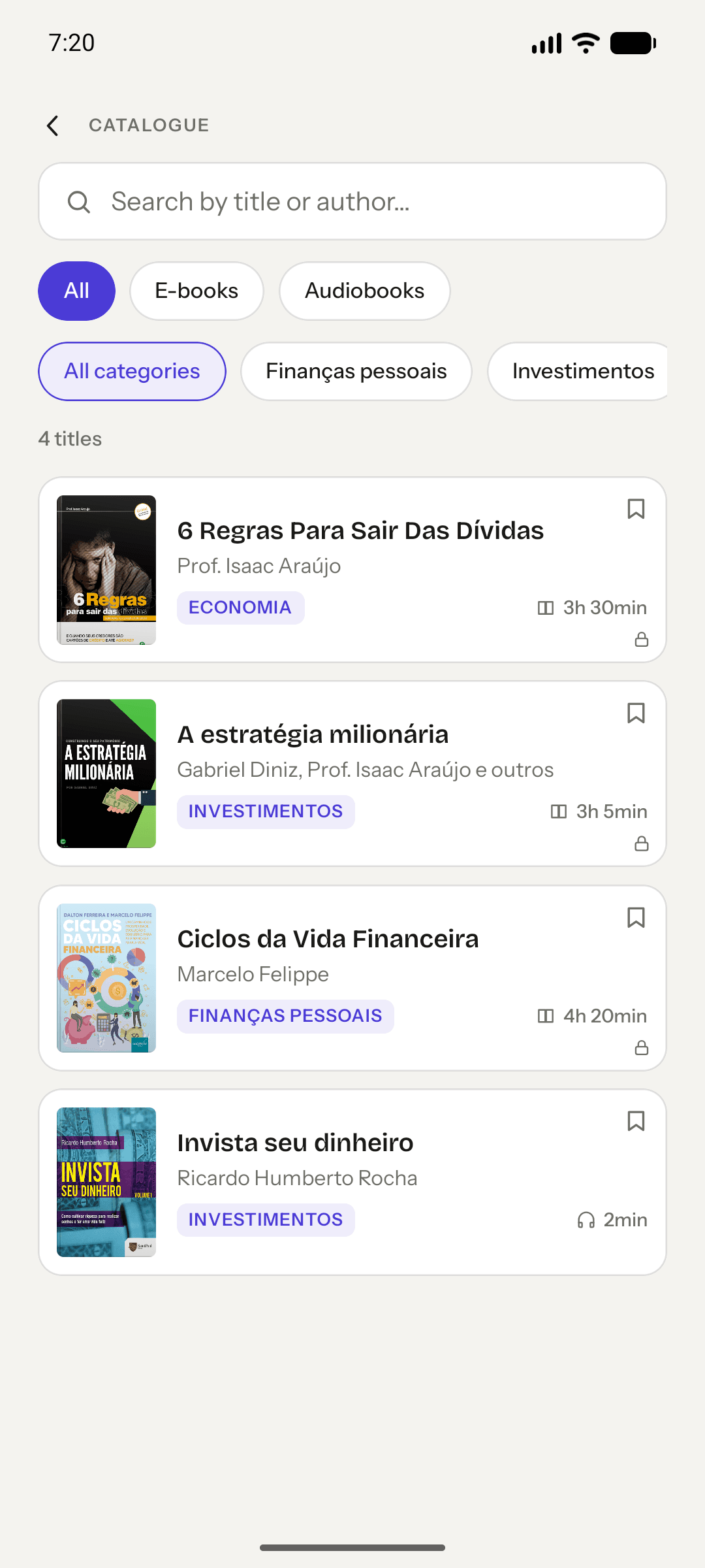 Catálogo de libros de NextFin con filtros por formato y categoría